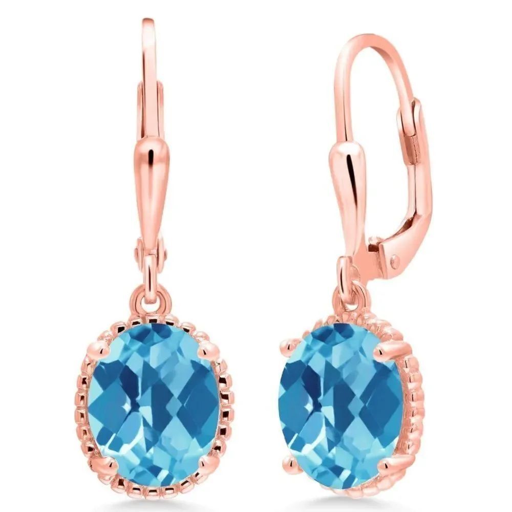 18K Rose Gold 925 with 4.50 Cttw Swiss Blue Topaz Oval Leverback Hook Earrings